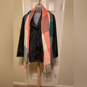 NWOT Unisex large plaid scarf (orange/green/cream/pink) w/fringes, Size: 72” 25”
